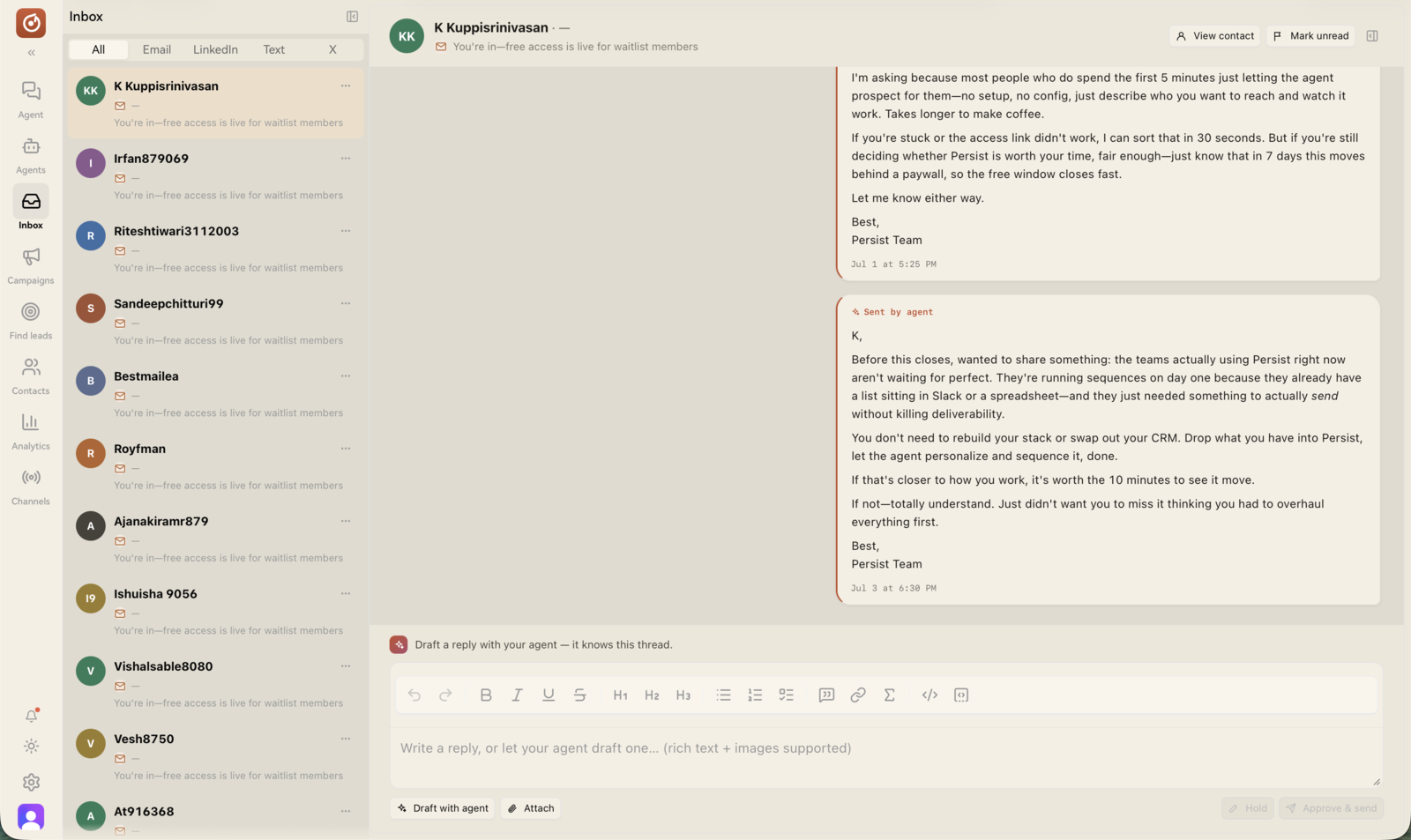Replies in one inbox — the agent drafts your response